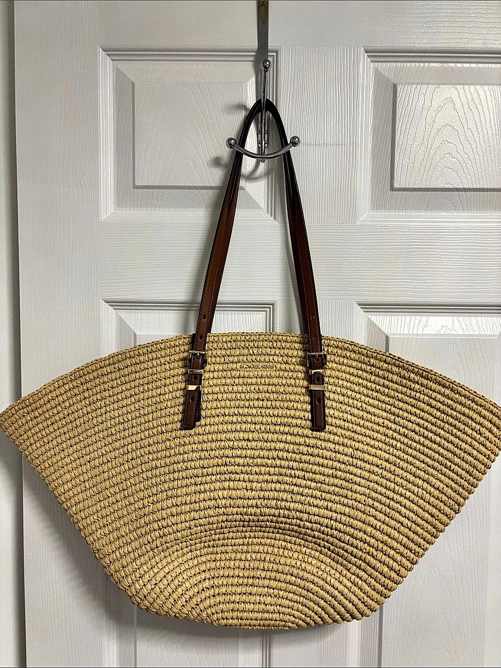 Michael Kors Isa Large Fan Tote Woven Tote Brown & Beige